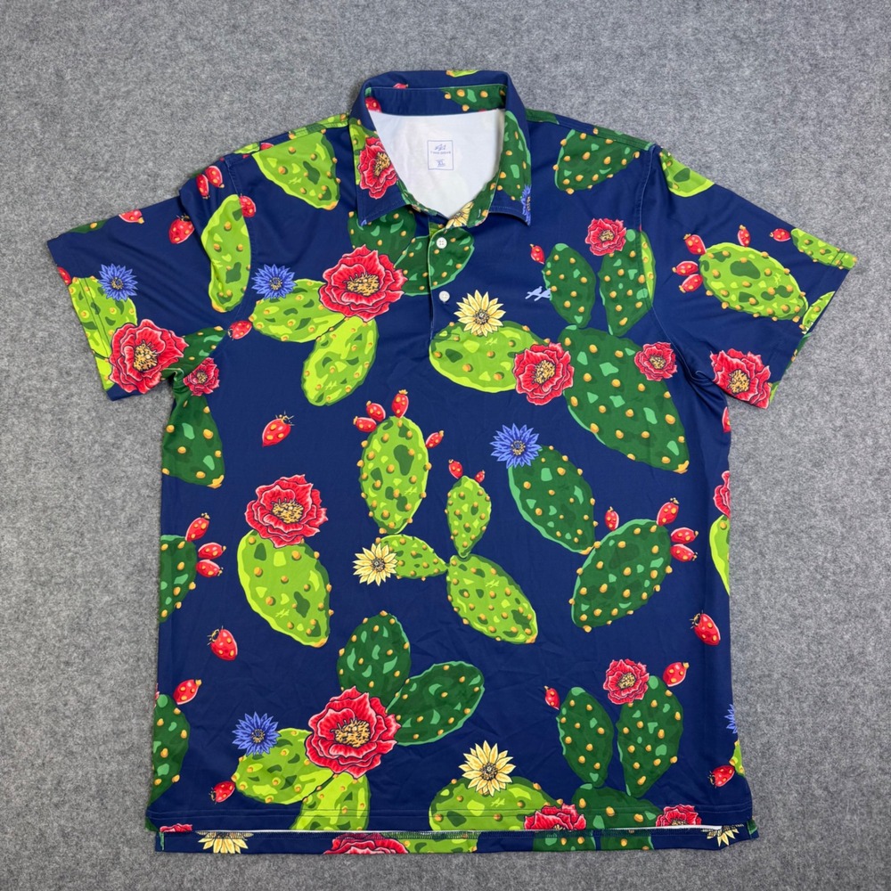 Two Dove Outdoor Mens Cactus Print Polo Shirt Navy Blue Floral XL Stretch Golf